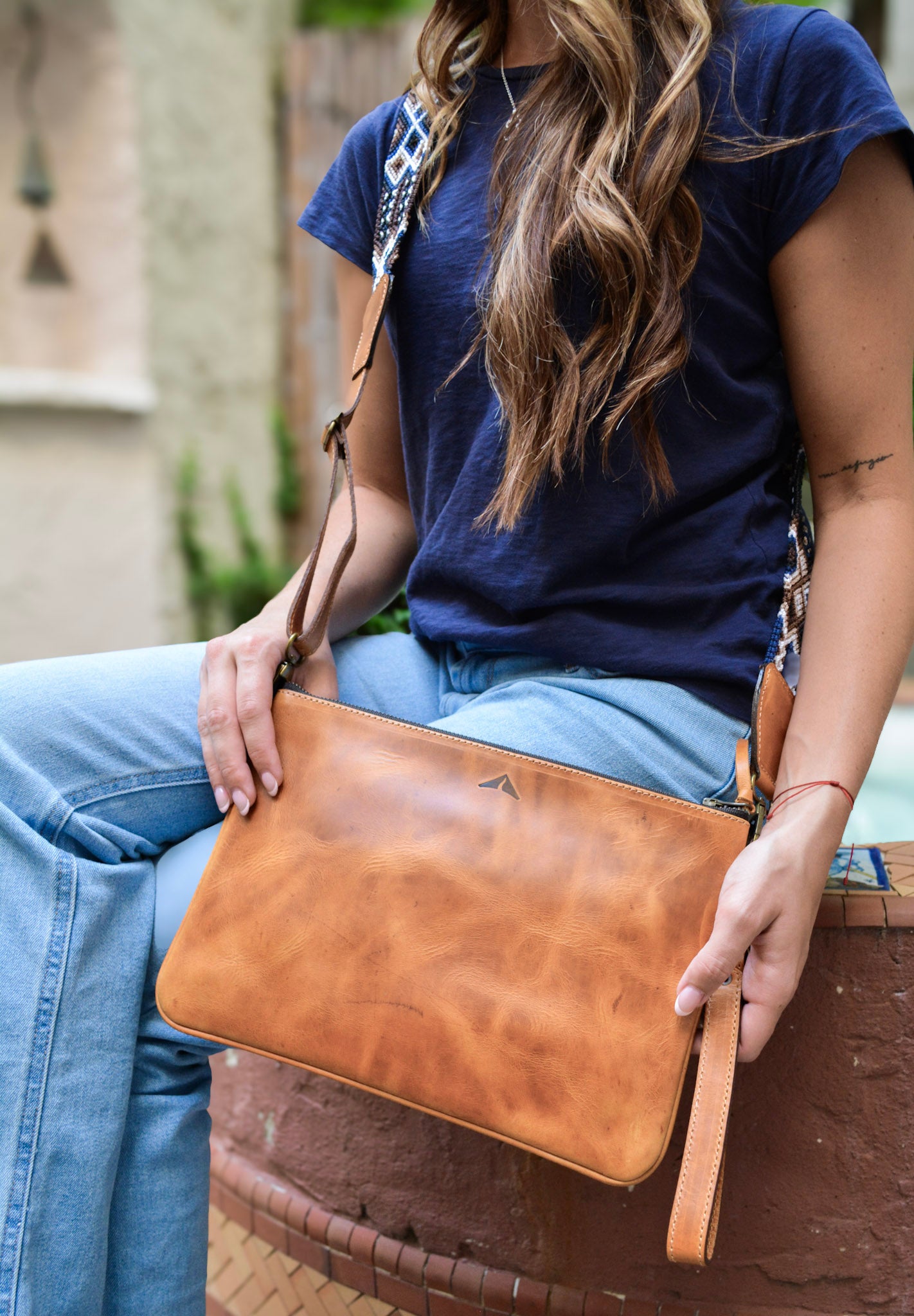 Crossbody w/ Woven Embroidered Guatemalan Strap - Camel