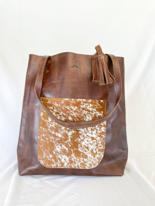 Classic Leather Bucket with Cowhide Pocket - Mocha