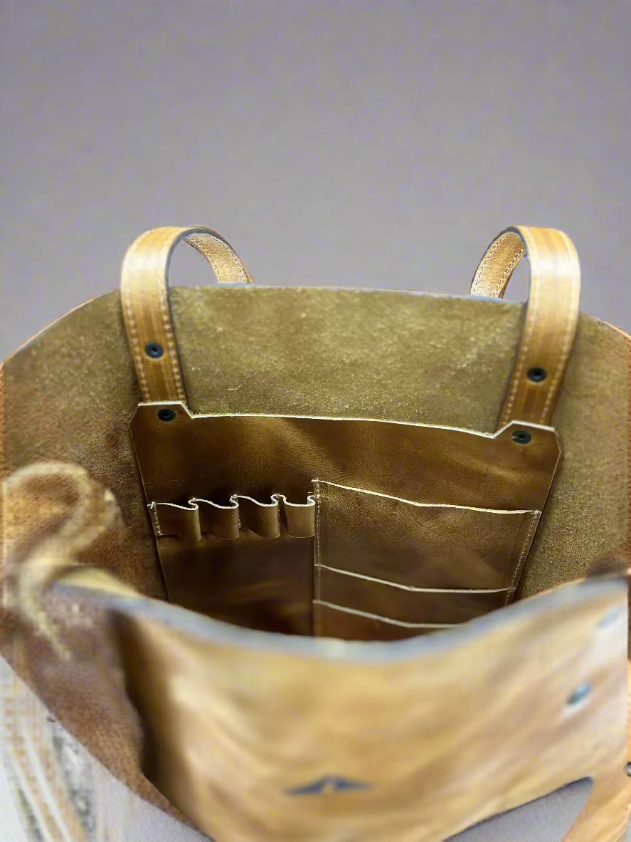 Classic Leather Bucket with Cowhide Pocket - Camel