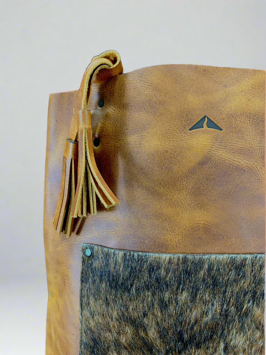 Classic Leather Bucket with Cowhide Pocket - Camel