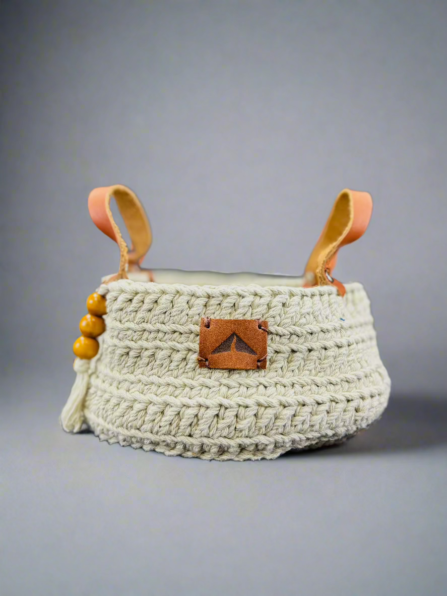 Crocheted Farmhouse Basket - Leather Handle - Celery