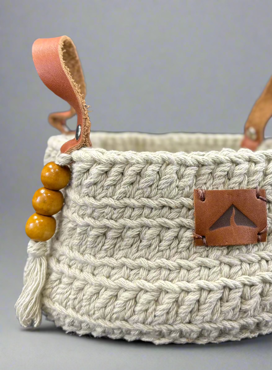 Crocheted Farmhouse Basket - Leather Handle - Celery