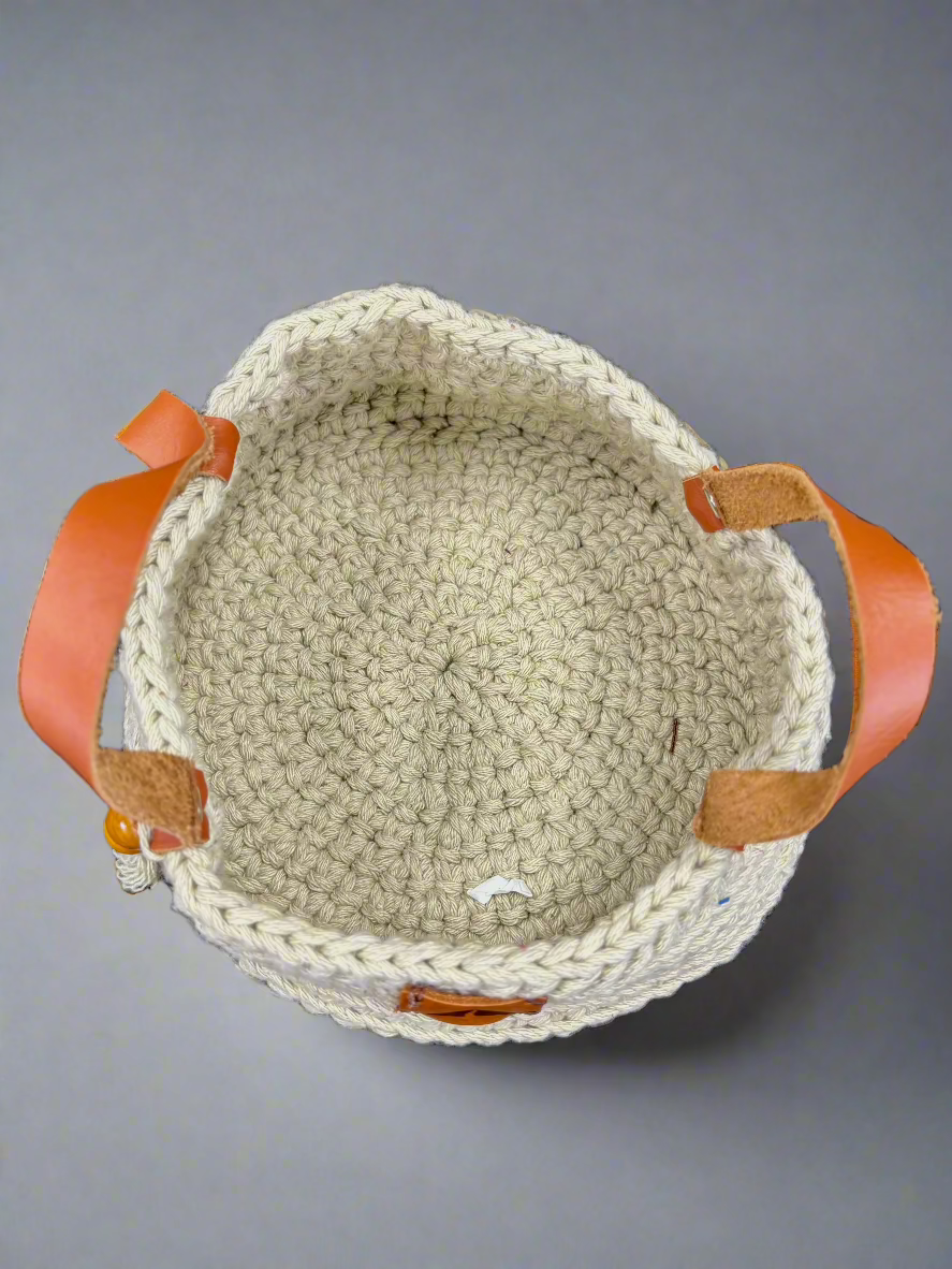 Crocheted Farmhouse Basket - Leather Handle - Celery