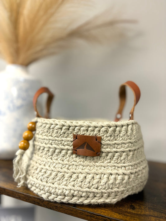 Crocheted Farmhouse Basket - Leather Handle - Celery