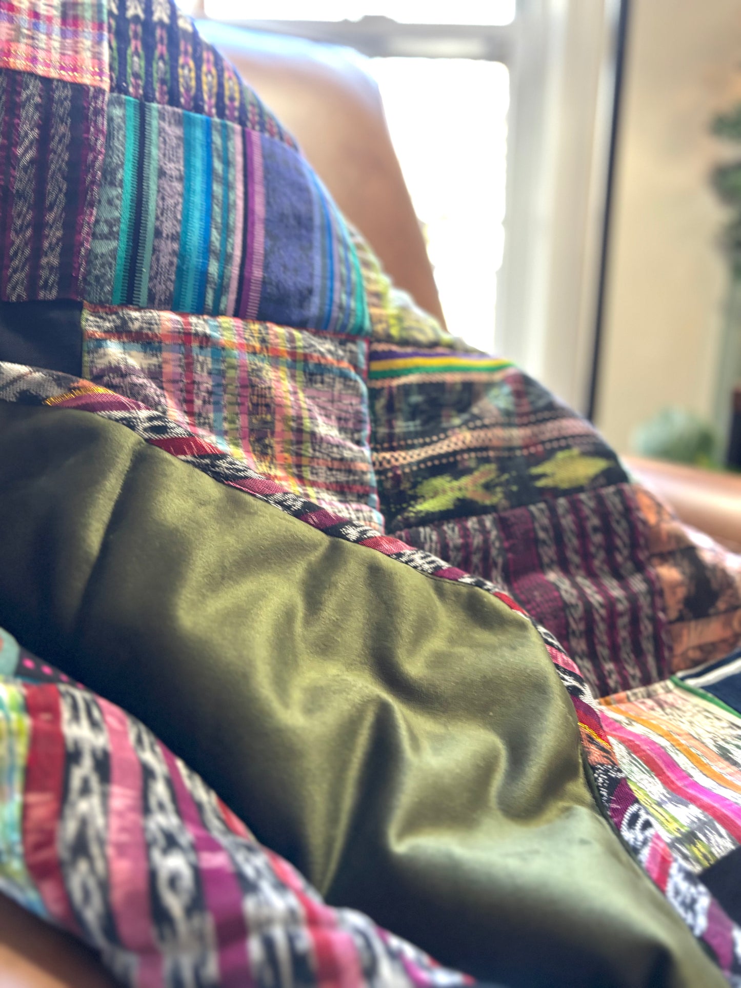 Patchwork Blanket - Olive Green Velvet Backing
