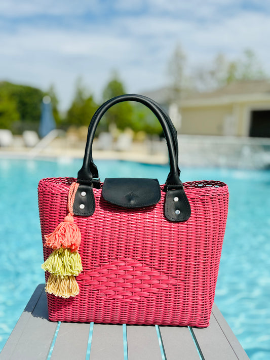 Woven Beach Collection - Large Tote w/ Black Leather Accent