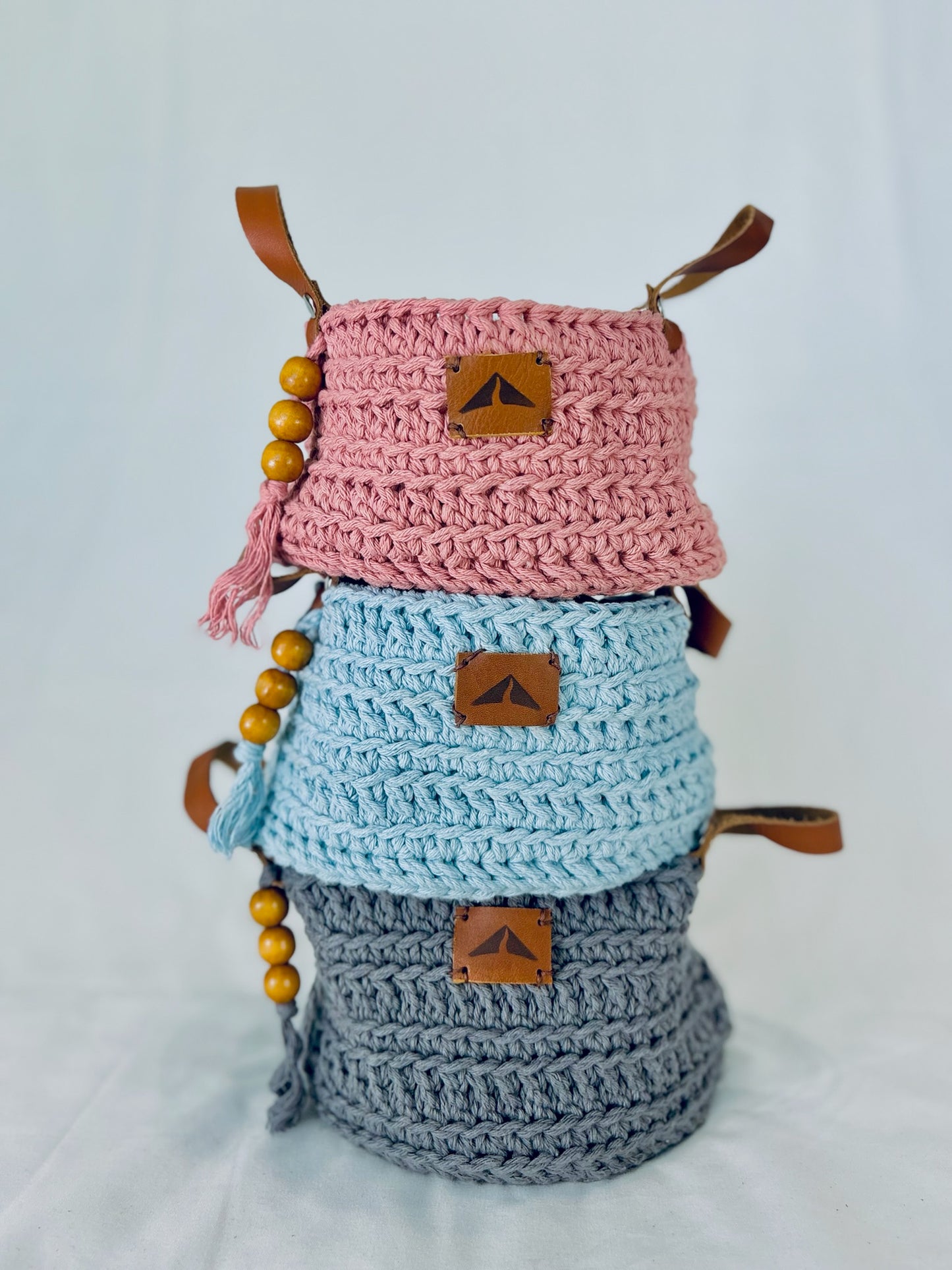 Crocheted Farmhouse Baskets - Leather Handle