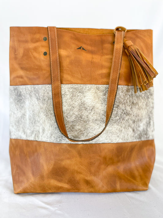 Classic Leather Bucket with Cowhide Stripe - Camel