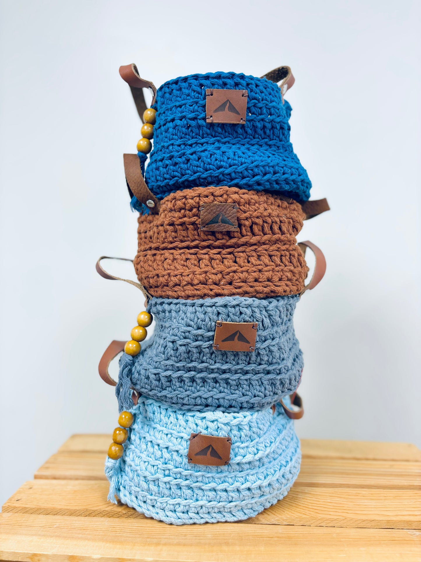 Crocheted Farmhouse Baskets - Leather Handle