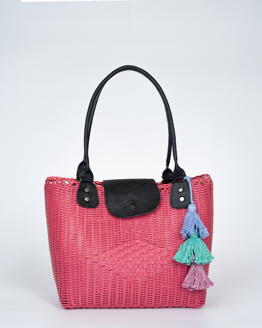 Woven Beach Collection - Large Tote w/ Black Leather Accent